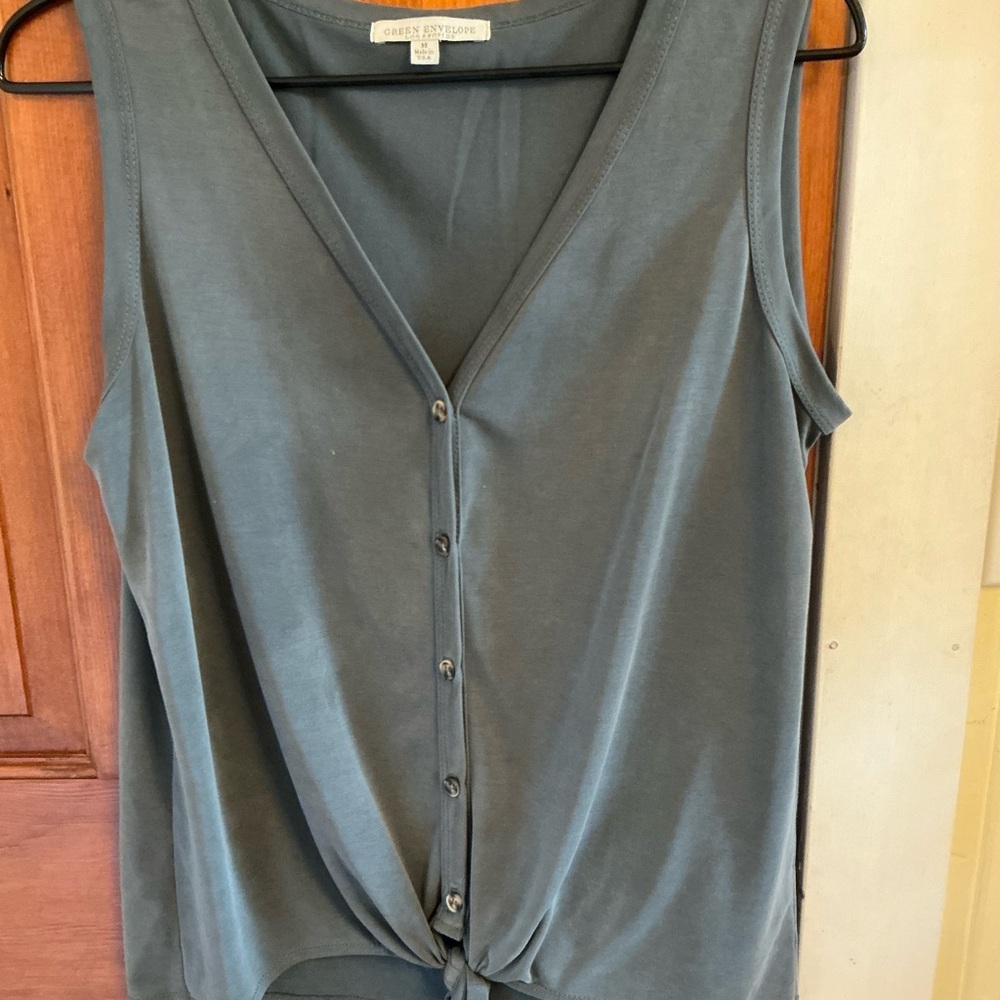 Green Envelope Slate Green V-Neck Button Tie Front Tank